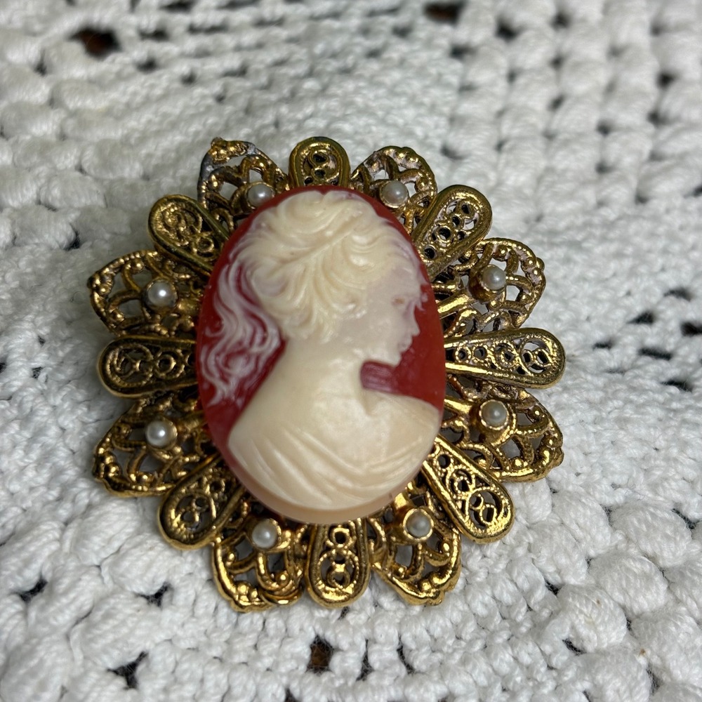 Vintage TACOA Orange Cameo Brooch Victorian Filigree Gold Tone Faux Pearl